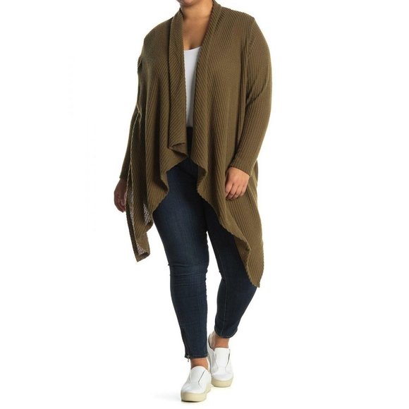 bobeau Sweaters - NWT bobeau Waffle Flyaway Cardigan 1X Olive Green